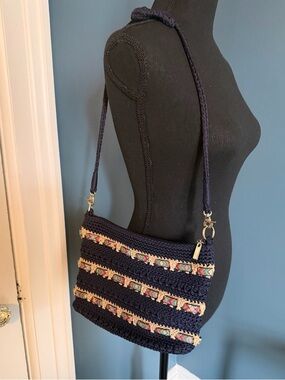 The Sak - Cambria Crocheted Navy Shoulder Bag with Multicolor Aztec Ribbon Trim